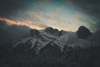 Scenic view of snowcapped mountains against sky during sunset