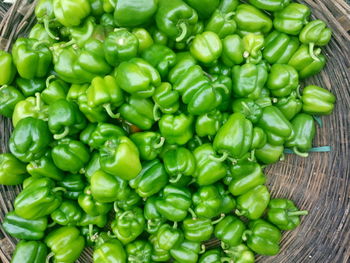 Directly above shot of green bell peppers in wicker basket for sale in market