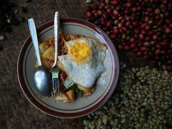 High angle view of breakfast served on table