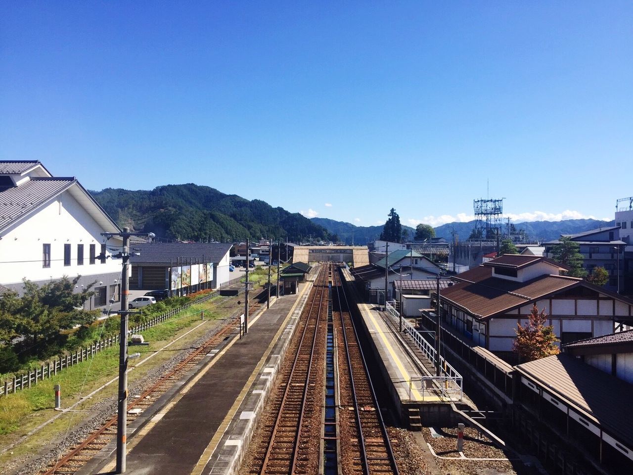 HIGH ANGLE VIEW OF RAILROAD TRACKS AMIDST BUILDINGS AGAINST CLEAR BLUE SKY