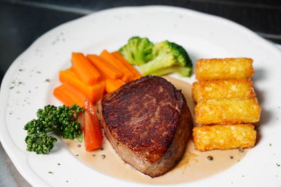 High angle view of food in plate on table