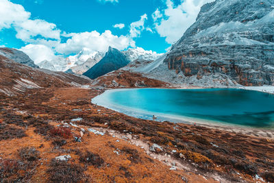 Scenic view of lake by snowcapped mountains against sky