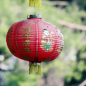 Close-up of red lantern hanging against blurred background