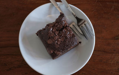 High angle view of cake in plate on table