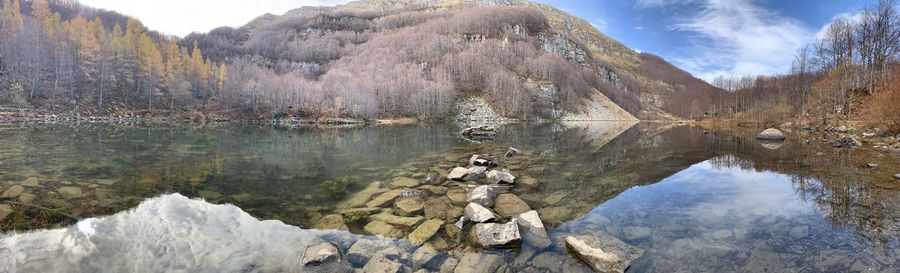 Scenic view of lake and mountains against sky