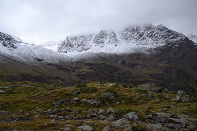 Scenic view of snowcapped mountains against sky