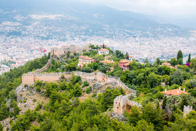 High angle view of town against sky
