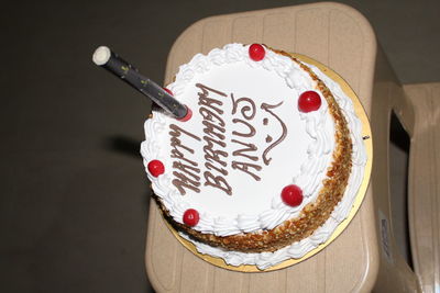 Close-up of cake served on table