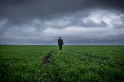 Rear view of man walking on field