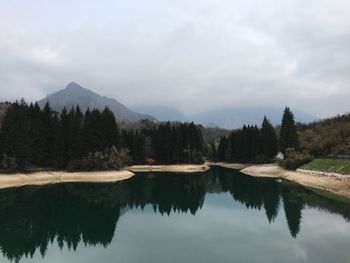 Scenic view of lake and mountains against sky