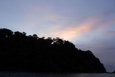 Silhouette trees by sea against sky during sunset