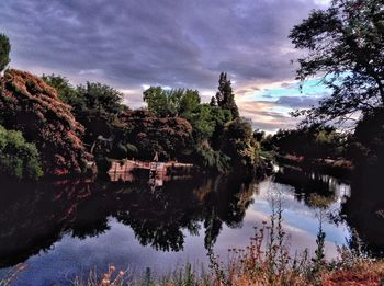 Scenic view of lake against cloudy sky