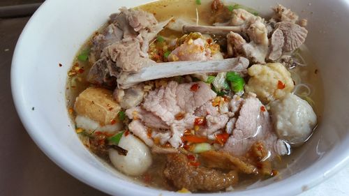 High angle view of meat soup in bowl