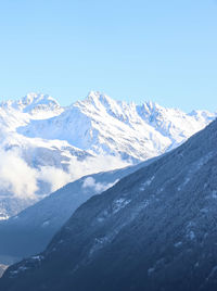 Scenic view of snowcapped mountains against clear sky