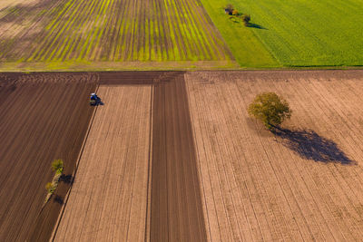 Different colors of fields, arable land with a tractor and different trees and flower strips