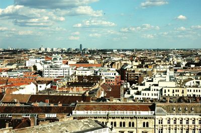 High angle shot of townscape against sky