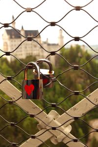 Close-up of padlocks on chainlink fence