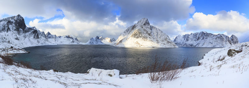 Panoramic view of snowcapped mountains against sky