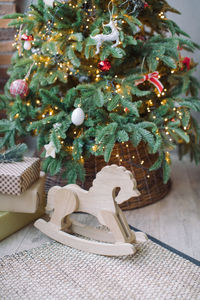 High angle view of christmas tree on table