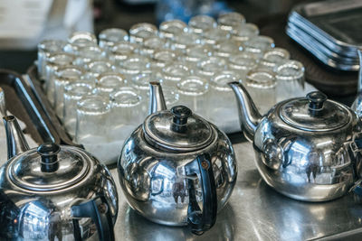 High angle view of glasses on table