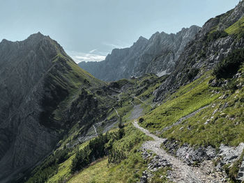 Way to lamsenjochhütte, hiking path, karwendel, tyrol with mountain range