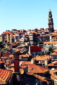 Townscape with clerigos church against clear sky