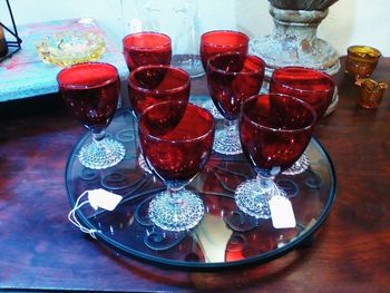 High angle view of wine glasses on table