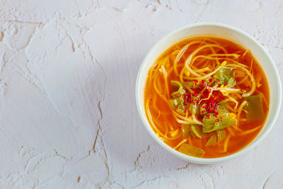 High angle view of noodles in bowl on table