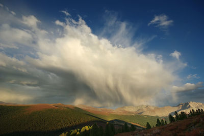 Panoramic view of agricultural field against sky