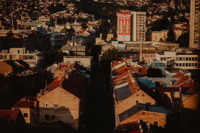 High angle view of buildings in town