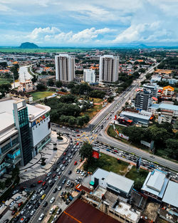 High angle view of buildings in city