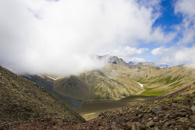 Mountains landscape and view of caucasian mountain range khazbegi, georgia