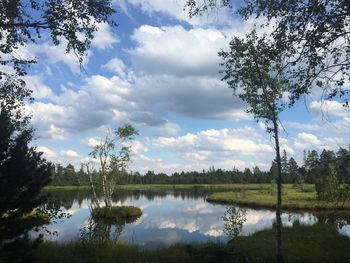 Scenic view of lake against cloudy sky