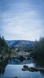 Scenic view of lake by trees against sky