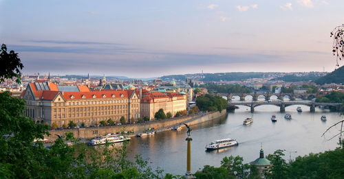 High angle view of river by buildings against sky during sunset