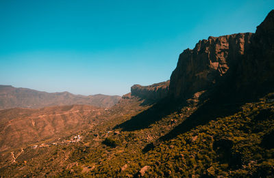 Scenic view of rocky mountains against clear blue sky