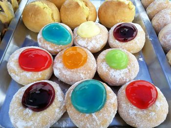 High angle view of multi colored candies in plate