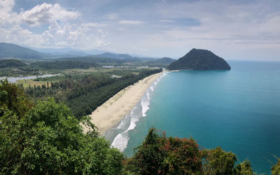 High angle view of bay against sky