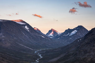 Scenic view of snow covered mountains against sky during sunset