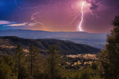 Panoramic view of lightning over mountains