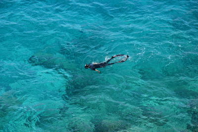 High angle view of woman swimming in sea