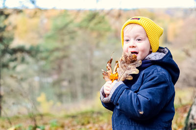 A little cheerful boy collects yellow leaves in the autumn forest.