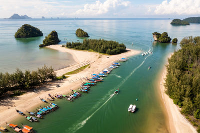 Landscape pang nga pier long-tail and yachts with speedboat passenger countryside aerial view