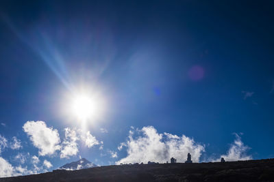 Low angle view of landscape against blue sky