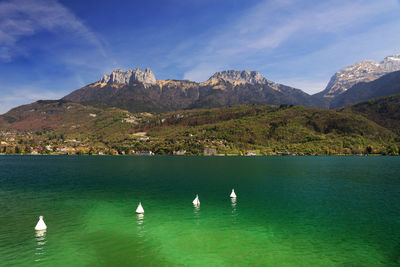 Swans swimming in lake against mountains