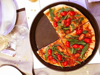 High angle view of pizza in plate on table