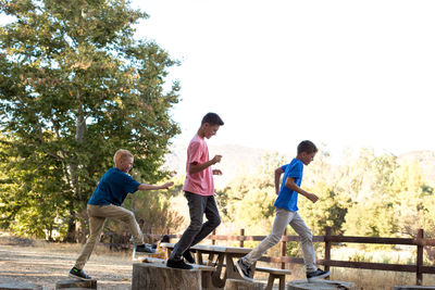 Youngest brother reaches for oldest brother on top of tree stumps