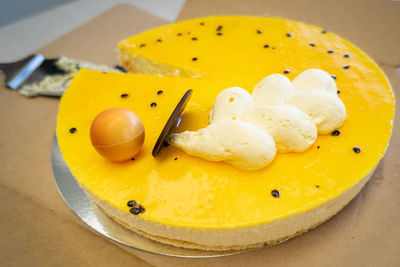 High angle view of yellow eggs in plate on table