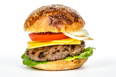 Close-up of burger against white background