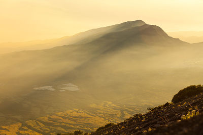 Scenic view of mountains against sky during sunset